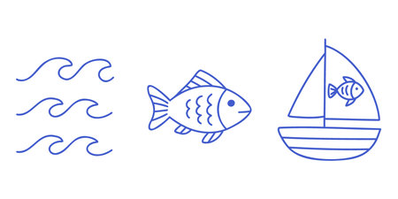 Fish, waves and sailboat marine Set. Blue line vector icons on white background.のイラスト素材
