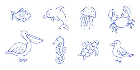 Set of 8 vector sea creatures and birds. Fish, dolphin, crab, turtle and etc. Blue line vector icons on white backgroundのイラスト素材