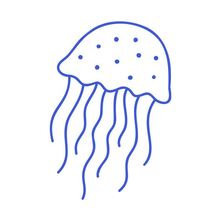 Jellyfish in marine blue line art style. Hand drawn nautical icon. Outline vector isolated illustration.のイラスト素材