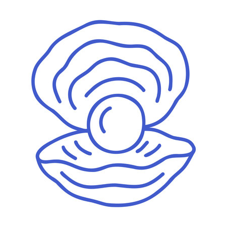 Open oyster shell with pearl in marine blue line art style. Hand drawn marine icon. Outline vector isolated illustration.のイラスト素材