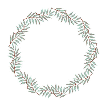 Round willow wreath in botanical style. Vector isolated wedding frame illustration on white background.のイラスト素材