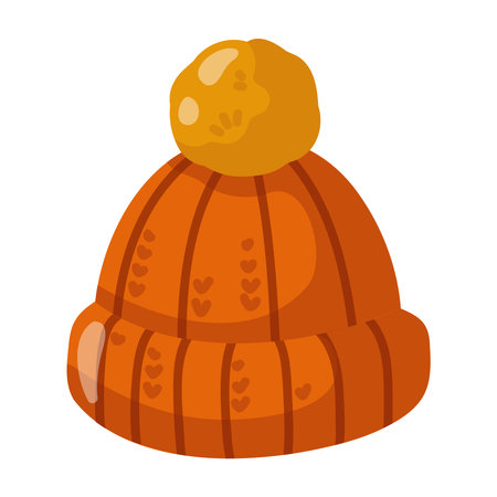 Autumn orange knitted beanie hat with yellow fluffy pompom. Cartoon vector isolated illustration on white background.のイラスト素材