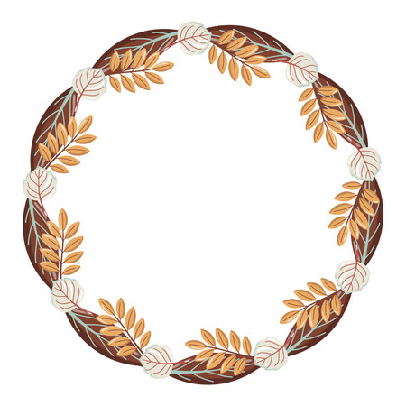 Golden and brown leaves round frame in autumn style. Vector isolated illustration on white background.のイラスト素材