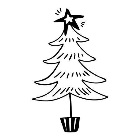Simple handdrawn doodle fir tree in a pot with a star on top. Winter vector illustration on white background.のイラスト素材