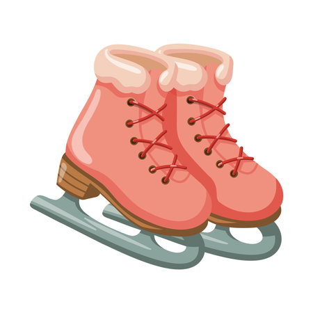 Pair of cute pink ice skates with fur trim and red laces. Hand drawn vector isolated illustration.のイラスト素材