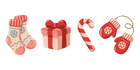 Winter set with socks, present, candy cane and mittens in red color. Hand drawn cartoon vector illustration on white background.のイラスト素材