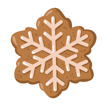 Sweet snowflake-shaped gingerbread cookie with white icing. Winter Hand drawn vector isolated illustration.のイラスト素材