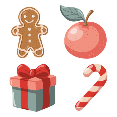 Hand drawn winter set with gingerbread man, candy cane, tangerine and gift box. Cartoon vector illustration on white backgroundのイラスト素材