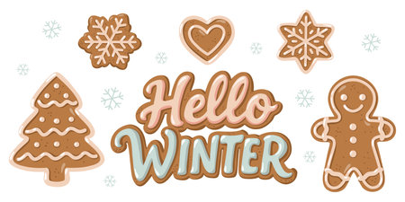 Hand drawn winter cookies set with gingerbread man, heart, tree and snowflakes. Cartoon vector illustration on white background.のイラスト素材