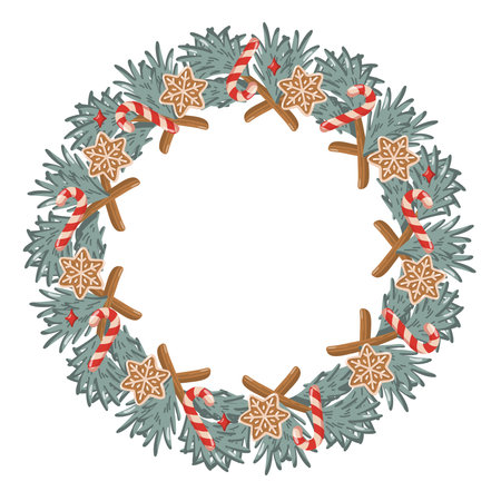 Round Christmas wreath with fir branches, candy canes and gingerbread cookies. Vector isolated illustration on white background.のイラスト素材