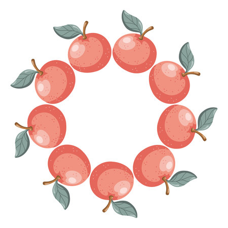 Round frame with orange tangerines and green leaves in harvest style. Vector isolated illustration on white background.のイラスト素材