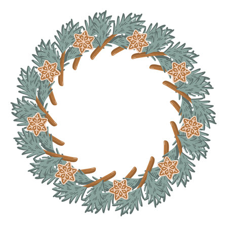 Round Christmas wreath with fir branches and gingerbread cookies. Cartoon Vector isolated illustration on white backgroundのイラスト素材