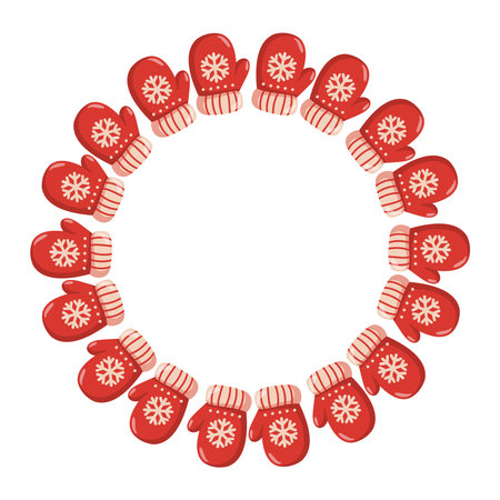 Round frame with red mittens and snowflake pattern in winter style. Winter Vector isolated illustration on white background.のイラスト素材