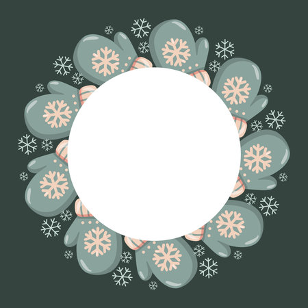 Round winter frame with blue mittens and snowflakes in cartoon style. Vector isolated illustration on white background.のイラスト素材