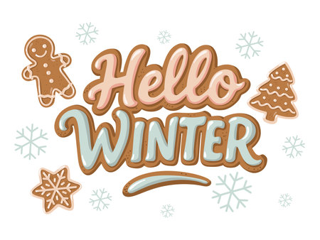 Hello Winter holiday card with gingerbread tree and snowflakes. Winter poster. Hand drawn vector isolated illustration.のイラスト素材