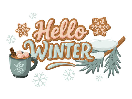 Hello Winter card with hot chocolate and fir branches. Winter poster. Hand drawn vector isolated illustration.のイラスト素材
