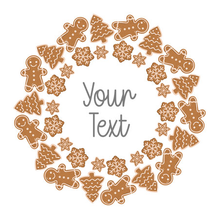 Round Christmas wreath with gingerbread men, trees, and snowflakes. Vector isolated illustration on white background.のイラスト素材