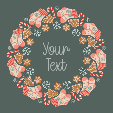 Round Christmas wreath with winter festive elements on dark green background. Vector isolated illustration on white background.のイラスト素材