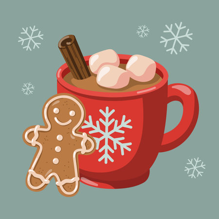 Cartoon red mug of hot chocolate with marshmallows and gingerbread man. Hand drawn vector isolated illustration.のイラスト素材