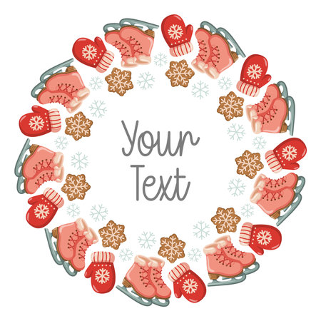 Round winter wreath with red mittens, pink ice skates, and cookies. Vector isolated illustration on white background.のイラスト素材