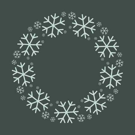 Round winter wreath with snowflakes on dark green background. Vector isolated illustration on white background.のイラスト素材