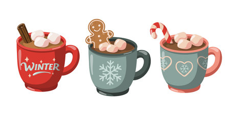 Cartoon set of winter mugs with hot chocolate, marshmallows, cinnamon and gingerbread. Hand drawn vector isolated illustration.のイラスト素材