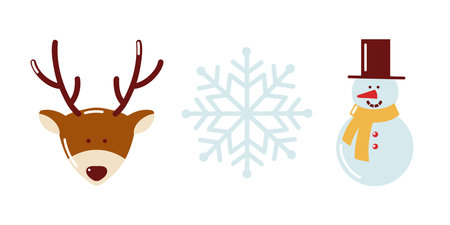 Hand drawn flat vector set with cute winter characters reindeer, snowflake and smiling snowman. Vector isolated illustration.のイラスト素材