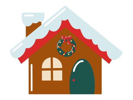 Flat style gingerbread house with snowy roof, chimney, window and festive wreath. Hand drawn vector isolated illustration.のイラスト素材
