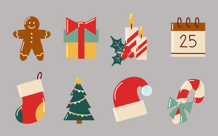 Hand drawn flat Christmas symbols set with gifts, cookies, candles and holiday decorations. Vector isolated illustration.のイラスト素材