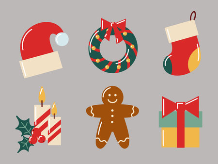 Hand drawn flat Christmas decoration set with Santa hat, wreath, candles and gingerbread. Vector isolated illustration.のイラスト素材