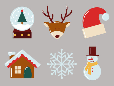 Flat winter set with snow globe, reindeer, Santa hat, snowflake and snowman. Vector isolated illustration.のイラスト素材