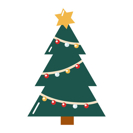 Cute flat green Christmas tree with colorful garland and star topper. Festive icon. Hand drawn vector isolated illustration.のイラスト素材