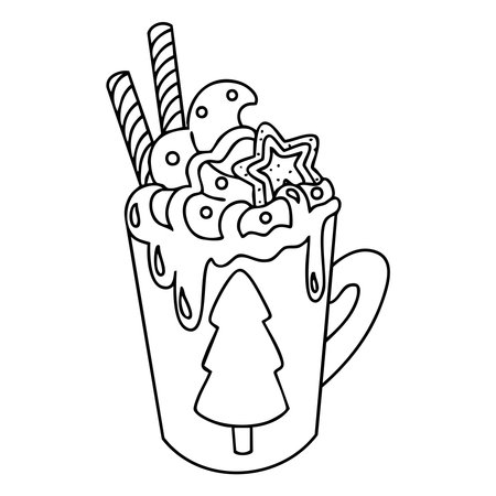 Christmas freakshake with cookies and whipped cream in outline style. Hand drawn vector isolated illustration.のイラスト素材