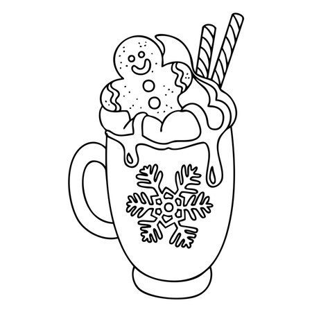 Christmas mug with gingerbread cookie and whipped cream in outline style. Hand drawn vector outline isolated illustration.のイラスト素材