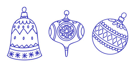 Hand drawn doodle Christmas ornament set with bells and baubles. Vector isolated outline illustration.のイラスト素材