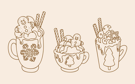 Hand drawn doodle Christmas hot drink set with cocoa and gingerbread. Vector isolated illustration.のイラスト素材
