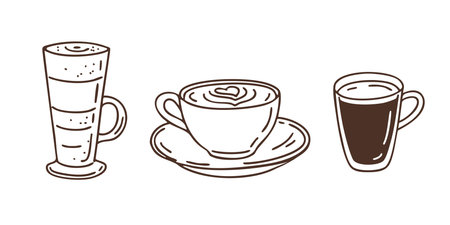 Hand drawn outline coffee cups set with tall latte, cappuccino and a classic black coffee. Vector doodle illustrationのイラスト素材