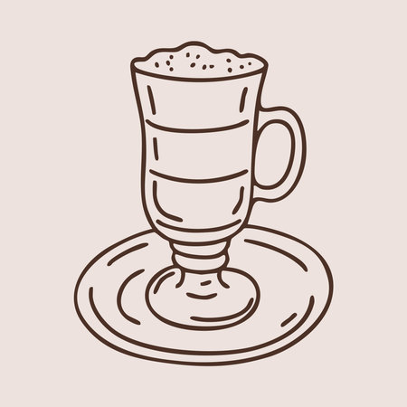 Tall coffee latte glass on saucer in outline style. Hand drawn vector isolated illustration.のイラスト素材