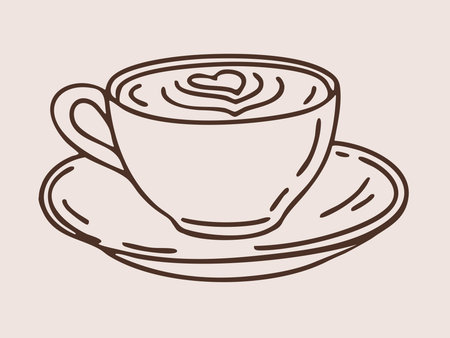 Cup of Cappuccino coffee with heart latte art. Hand drawn outline vector isolated illustration.のイラスト素材