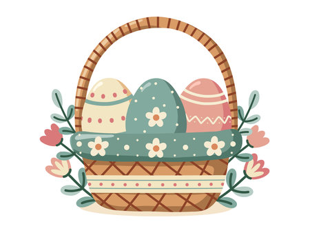 Easter basket with decorated eggs and flowers. Vector isolated illustration on white backgroundのイラスト素材