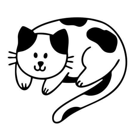 Adorable doodle calico cat lying curled up with a sweet expression. Hand drawn vector isolated illustration.のイラスト素材