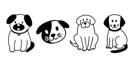 Hand drawn dogs set in outline doodle style. Vector collection of cute puppy illustrations.のイラスト素材
