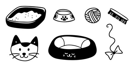 Hand drawn cat accessories set in outline doodle style. Vector collection of pet care illustrations.のイラスト素材