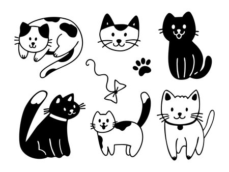 Hand drawn cats set in cute outline doodle style. Vector collection of pet character illustrations.のイラスト素材