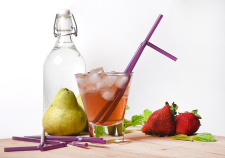 Juice and Strawberries on White Backgroundの写真素材