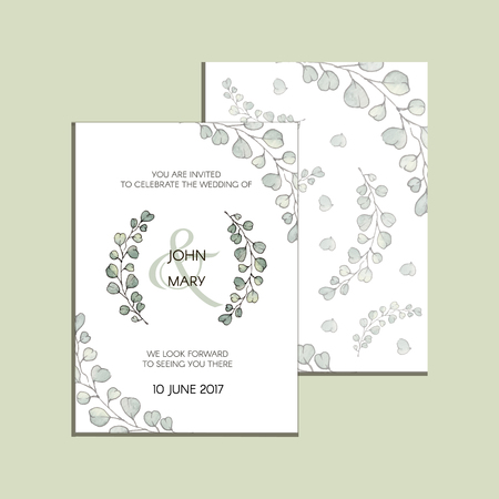 Vector invitation with eucalyptus leaves . Modern Wedding collection. Thank you card, save the date cards, menu, , banner template.のイラスト素材
