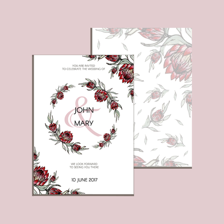 Vector invitation with handmade floral elements and flowers of protea. Modern Wedding collection. Thank you card, save the date cards, menu,  banner template.のイラスト素材
