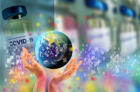 background with vaccines and world handsの写真素材