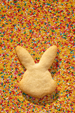 Close-up of Easter cookies in the shape of a rabbit on a colored bright background of sugar balls.