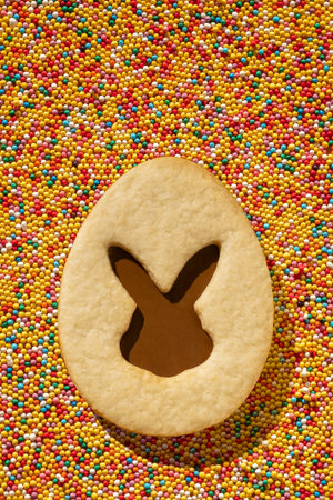 Close-up of easter cookies in the shape of an egg with a rabbit on a colorful bright background from...